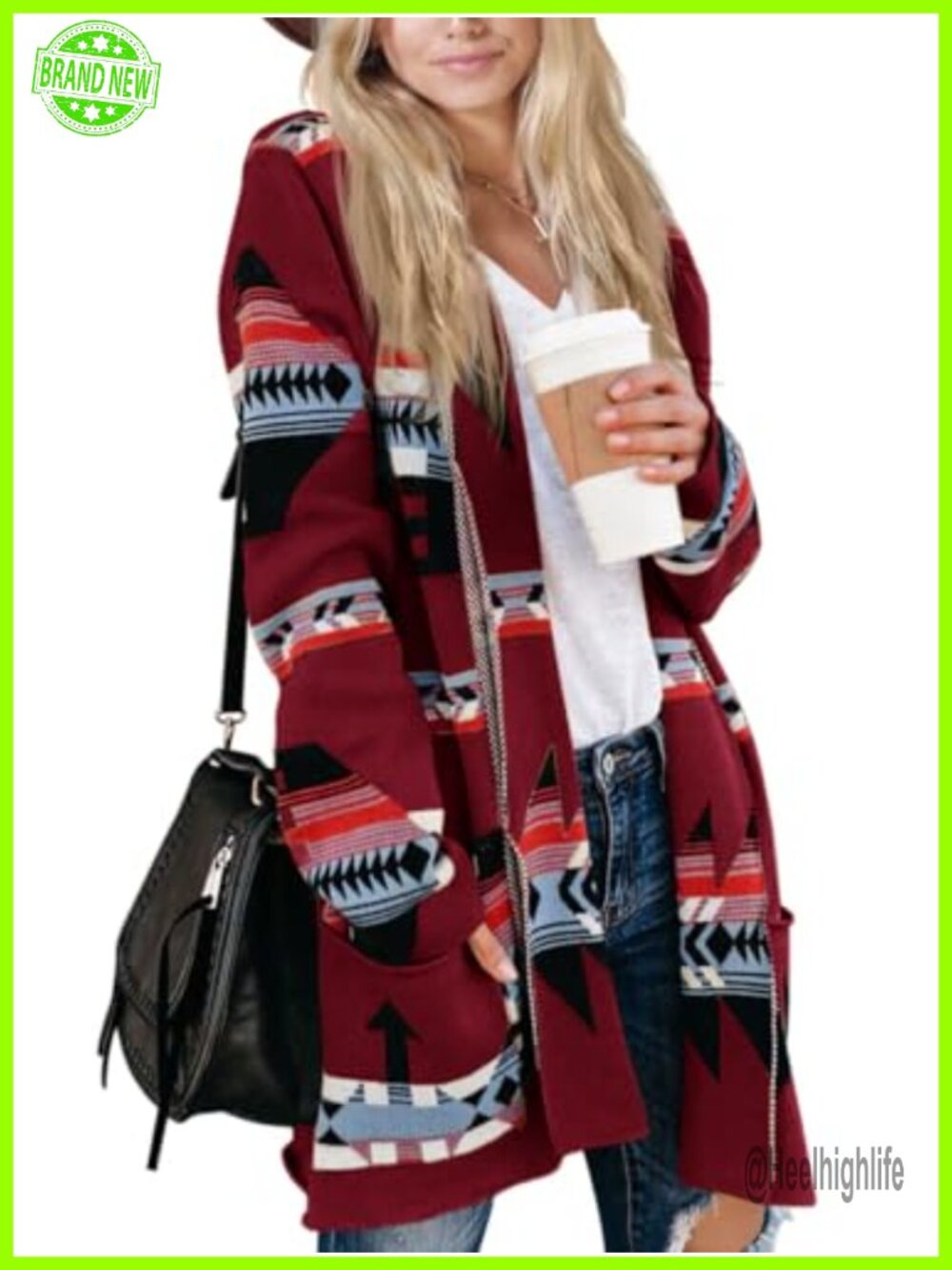 Boho Aztec Open Front Cardigan Loose Knit Sweater Coat